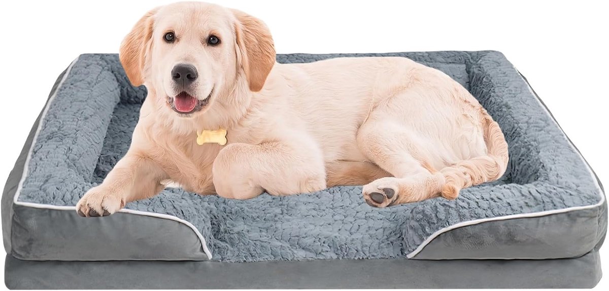 Hondenbed, memory schuim, 107x76 cm, wasbaar | Hondenbank met opstaande rand, waterdichte voering & antislip bodem – zacht pluchen kussen voor grote honden