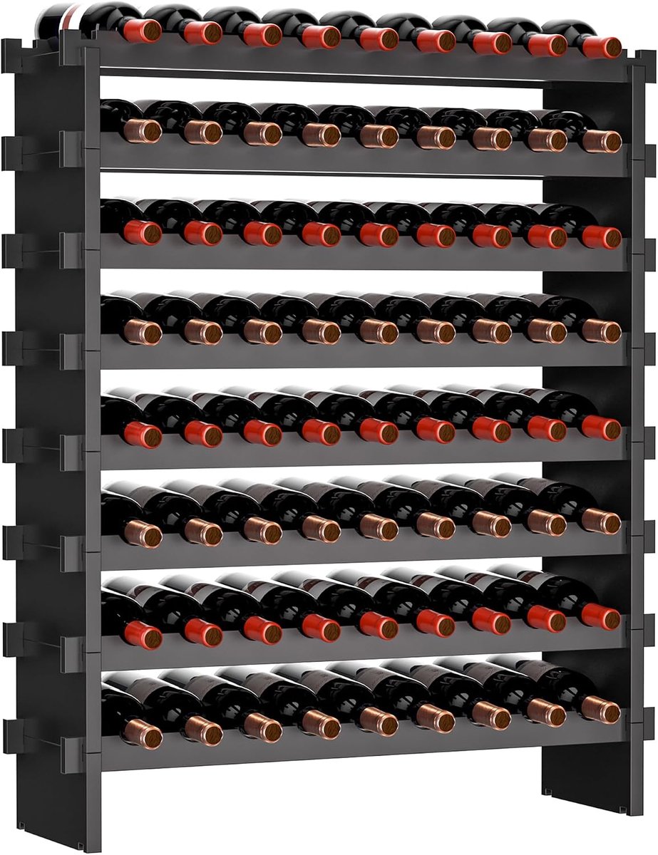 Bamboe-wijnrek, stapelbaar, vrijstaand wijnrek met 72 flessen, montage zonder gereedschap, 8 niveaus, voor keuken, bar, eetkamer, kelder, zwart