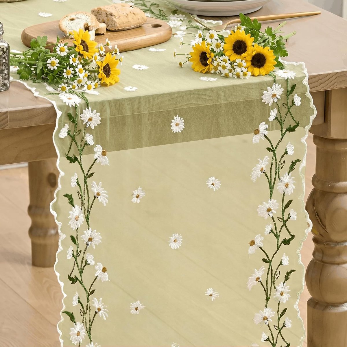 Mode Geel borduurwerk madeliefje bladeren lente gaas tafelloper 40 x 300 cm, zomerse tule pure eetkamer vakantie verjaardag tafel decoratie voor thuisfeest