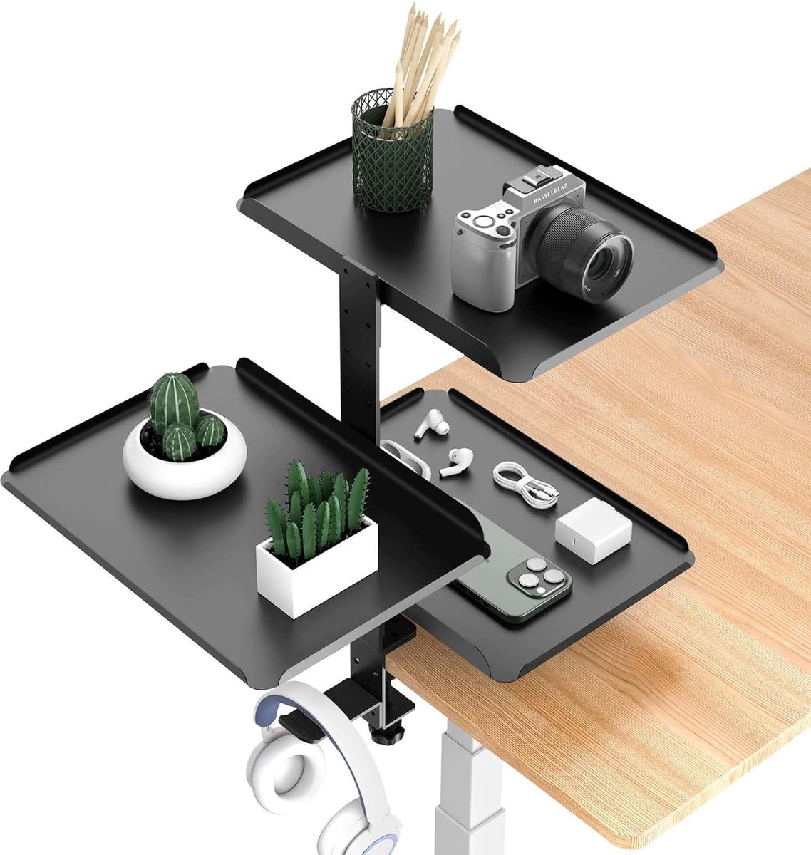 SnelShoppen - Dokeno Zijkant Bureau Organizer, 3 Laags, Klem Bevestiging Bureau Plank met Verstelbaar Opbergvak en Hoofdtelefoonstandaard, Voor Kantoo