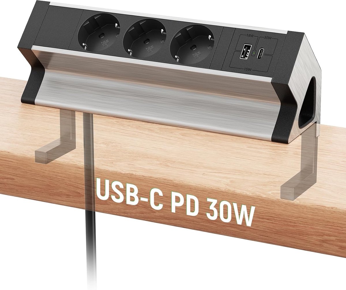 Tafelcontactdoos met USB C, 3-voudige stekkerdoos, bureau, stekkerdoos met USB-meervoudige stekkerdoos, 1,8 m kabel, aluminiumlegering, bureaustopcontact, klembaar, voor kantoor, werkplaats