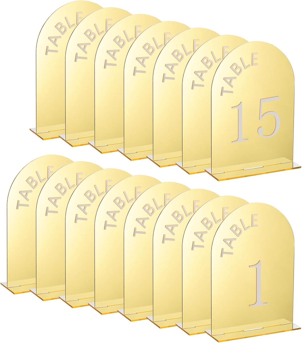 15 stuks 11,2 x 17,8 cm gouden vellen acrylplaten met standaard, acryl boog-tie-nummerhouder voor decoratie van de bruiloftstafel (nummer 1-15)