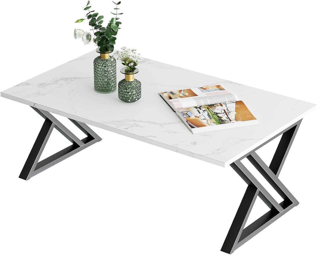 salontafel, woonkamertafel, houten sofatafel, koffietafel, bijzettafel voor de woonkamer, eenvoudige montage, X-vormige steunen, open opbergruimte, 100 x 48 x 55 cm, marmer wit en zwart metalen