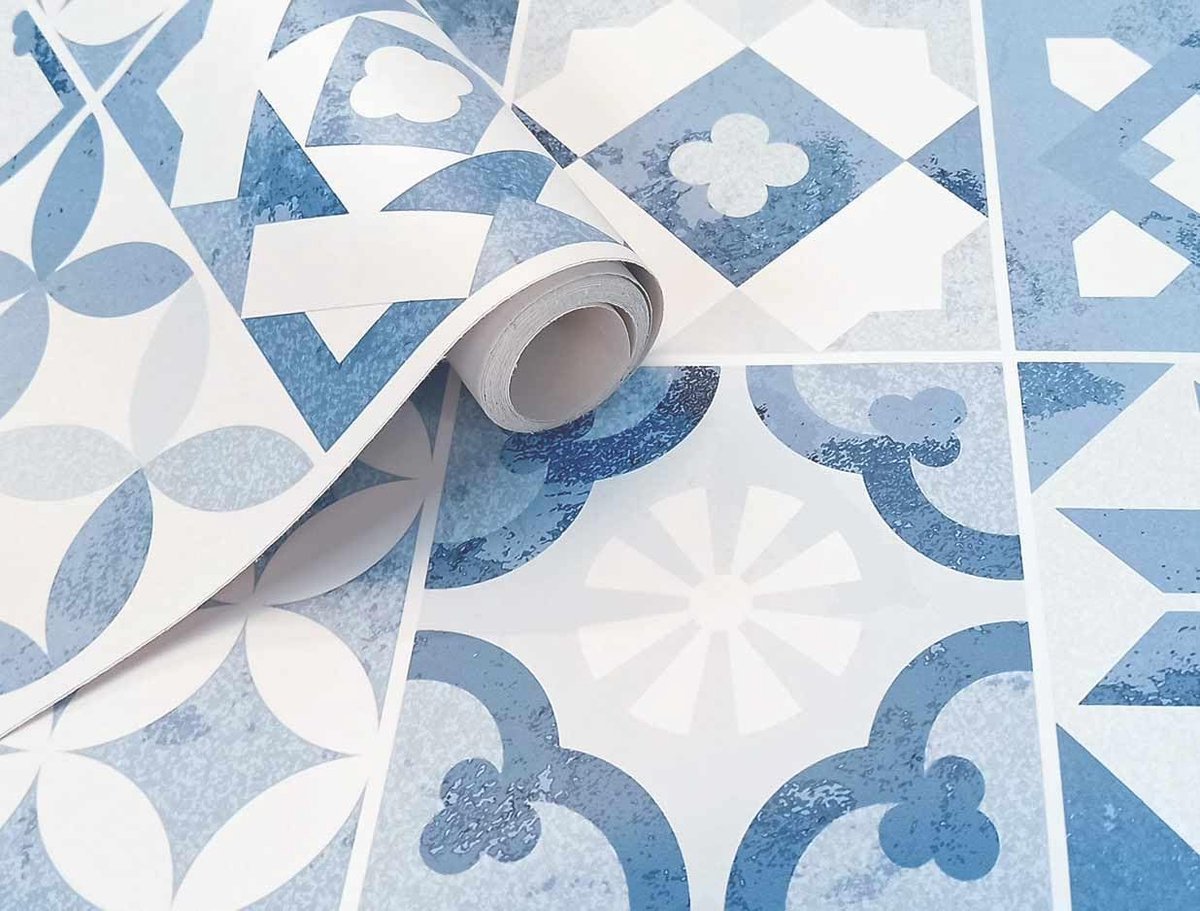Behang voor muur, meubels, keuken, slaapkamer, decoratief vinyl, 40 x 250 cm (blauwe tegel)
