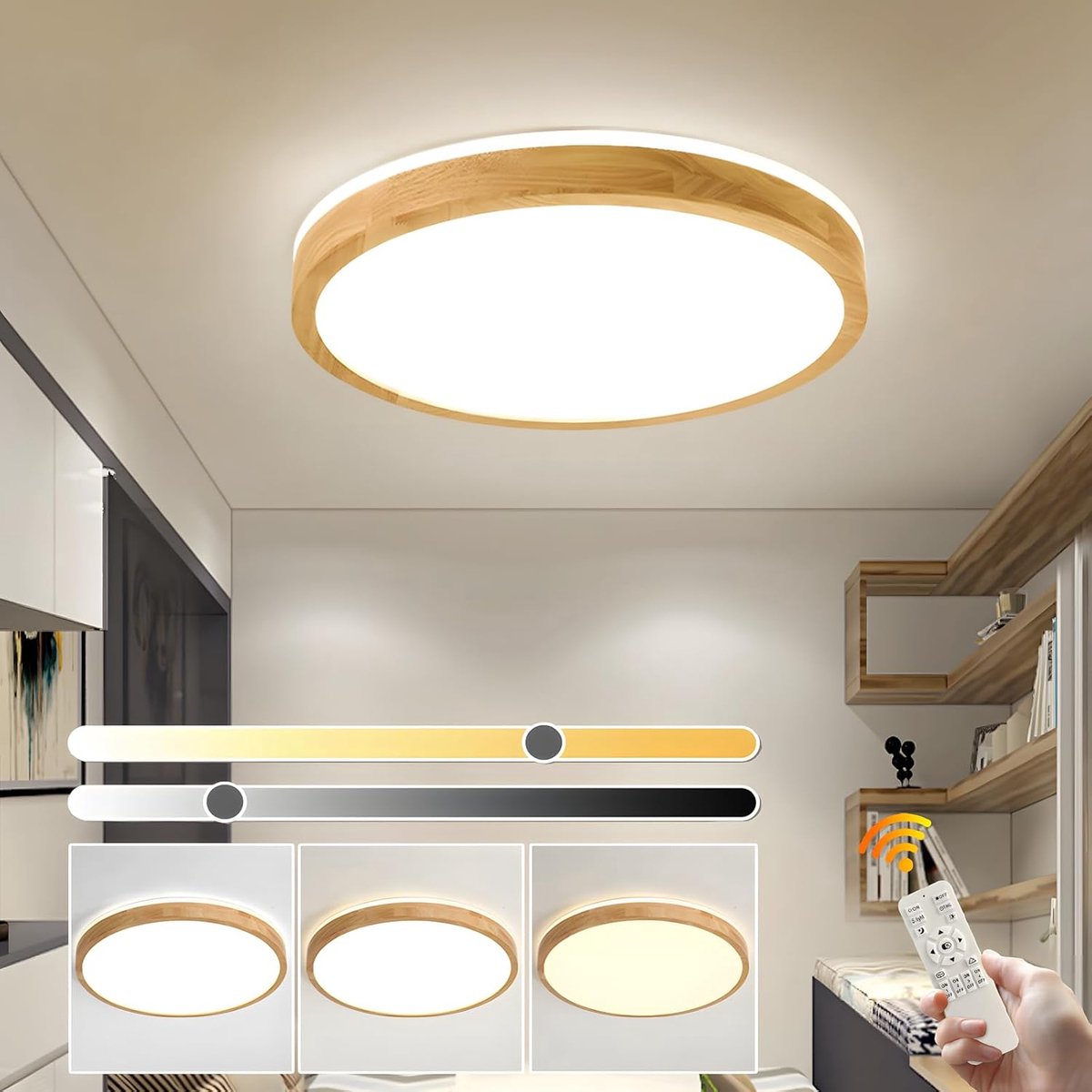 hout, top 360° gloed ronde natuurlijke houten lamp | Dimbaar Met Afstandsbediening 2700K-6500K, 30W | Woonkamer, eetkamer, hal, thuis, kantoor, kinderkamer (Ø40cm)