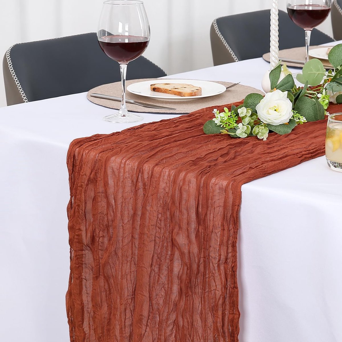 Tafelloper，Boho Gaas Tafelloper | Wasbaar Tafelkleed voor Bruiloften Eettafel Decoraties Gazen Stof Chiffon Bruiloft Decoratie Thuis Buiten Roestrood