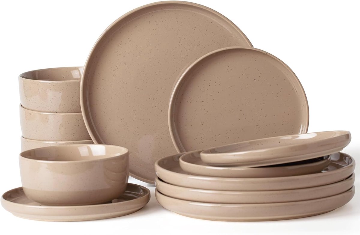 Milkyway Servies 12-delig voor 4, borden en kommen, kaneelbruin | Keramieken servies set met dinerborden, dessertborden en ontbijtkommen – geschikt voor magnetron en vaatwasser