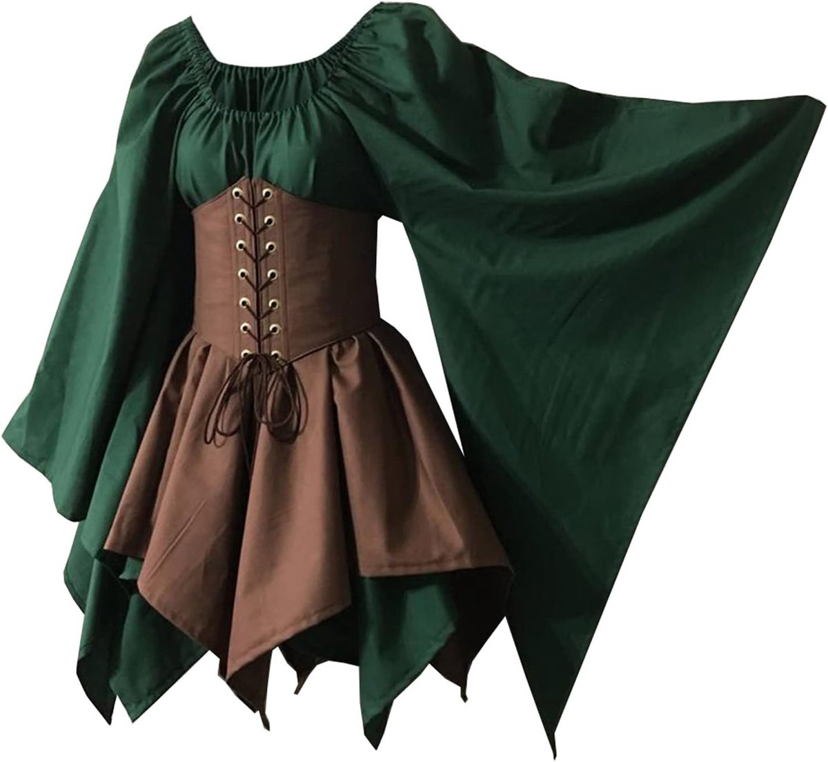 Ierse jurk voor dames, renaissance, middeleeuws kostuum, uitlopende mouwen, korset, Halloween, Victoriaanse korte jurk