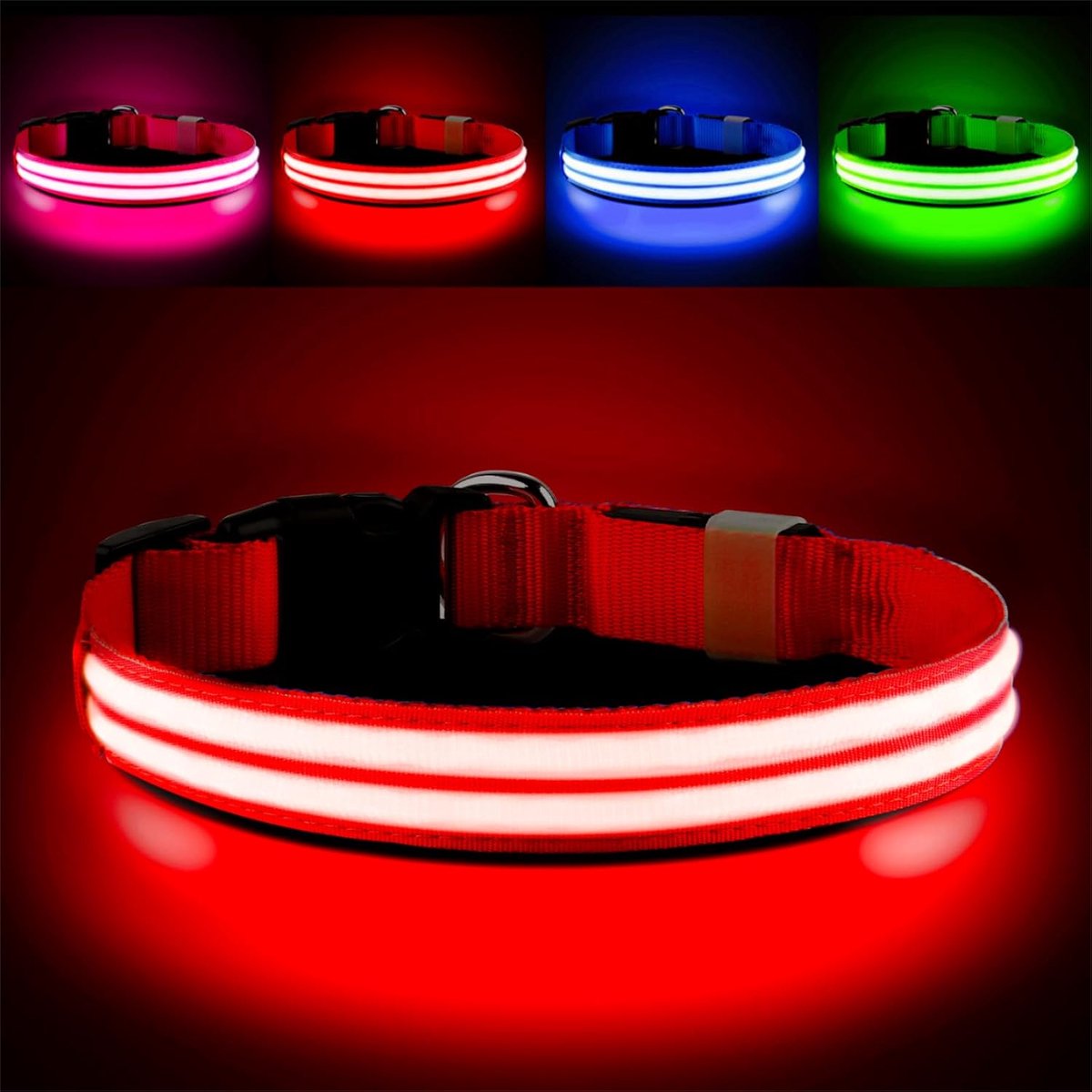 Lichtgevende hondenhalsband, knipperende led-halsband, oplaadbaar | 3 verlichtingsmodi, waterdicht, fluorescerend, verstelbaar, voor kleine, middelgrote en grote honden, rood-L