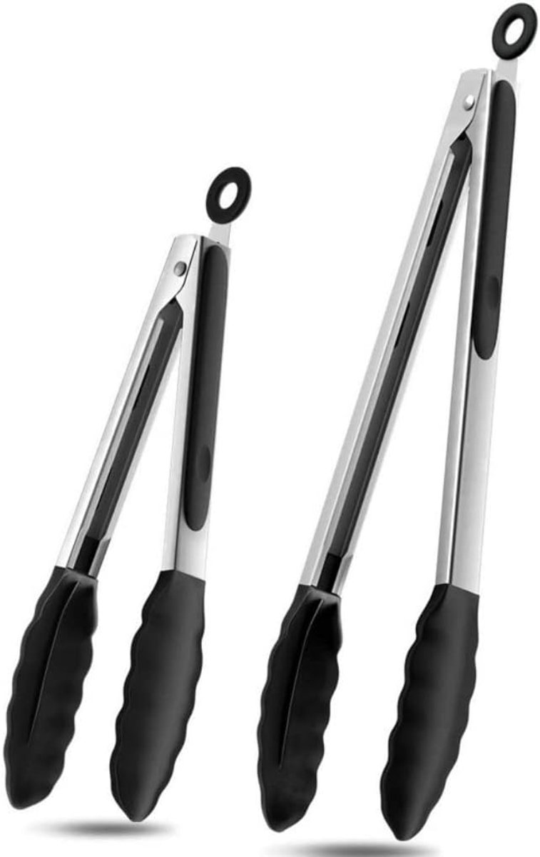 2 stuks, antislip, van roestvrij staal, siliconen, keukengerei voor vlees, braden, salade, zwart, 23,5 cm en 30,5 cm