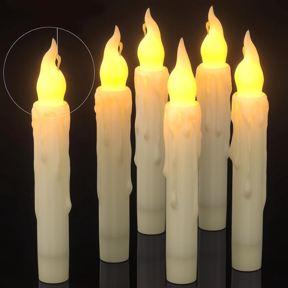 Conische LED-kaarsen met timer, 6 stuks, 16,99 cm, vlamloze elektrische raamkaars op batterijen, voor Halloween, Kerstmis, thuis, tafel, bruiloft en decoratie - warm geel