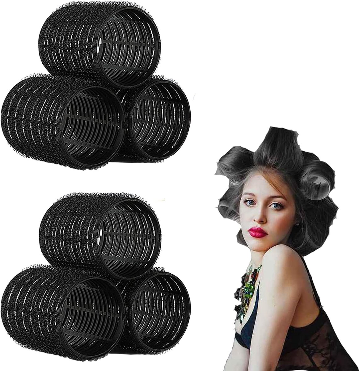 6 stuks haarrollers zwart, 55 mm grote haarkrulspelden voor lang haar, plastic haarrollers, zelfklevende klittenbandkrulspelden, draagbare warmteloze krulspelden, haarstylingapparaten