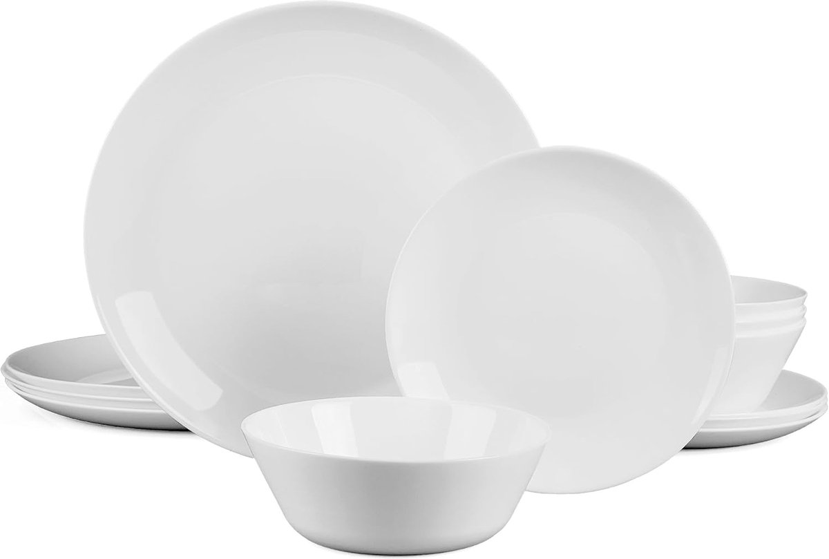 12‑delig opaalglas serviesset voor 4 personen, wit, afbrokkel‑ en krasbestendig, vaatwasser‑ & magnetronbestendig | Dinerset met borden en kommen, spaanbestendig, krasbestendig ontwerp, vaatwasser- en magnetronbestendig, lichtgewicht servies