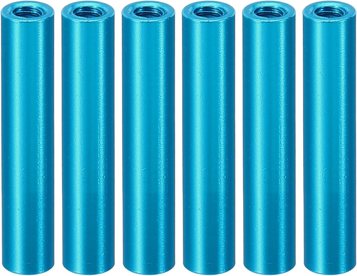 6 stuks M3 metalen draadbusjes met afstandhouders, ronde aluminium afstandhouders met vrouwelijke koppelingsschroeven, 3,2 mm ID x 4,8 mm OD, blauw, (26 mm L)