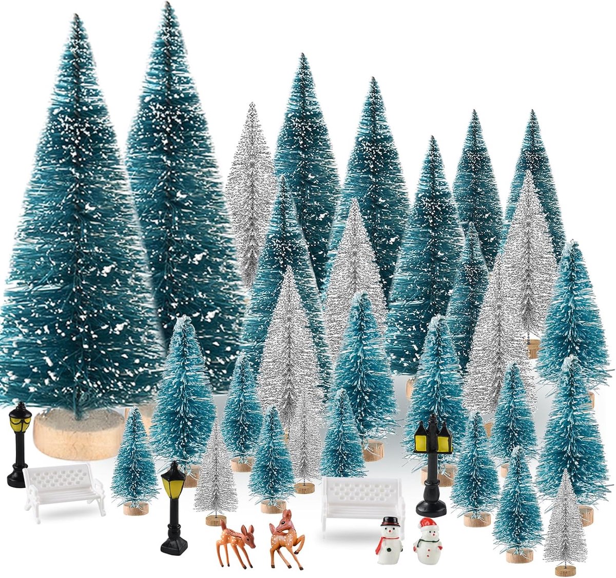 kerstboom 35 stuks kerstdorp sets met kerst ambachten rendier sneeuwmannen banken straatlamp voor kerstdecoraties indoor feest thuis tafel ambacht (donkergroen, zilver)