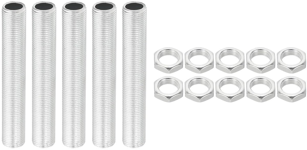 Kit lampbuis M12 schroefdraad 75 mm met vergrendelingsmoeren, 5 sets schroefdraadstangen, bevestigingselementen voor kroonluchters, plafondlampen, verzinkt