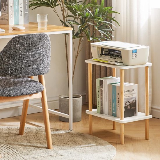 2-Tier zijtafel, smalle eindtafel met opbergplank, nachtkastje voor kleine ruimtes, slaapkamer, woonkamer, entree, boerderijstijl, geen gereedschap nodig voor montage, wit WST002W — afbeelding 5