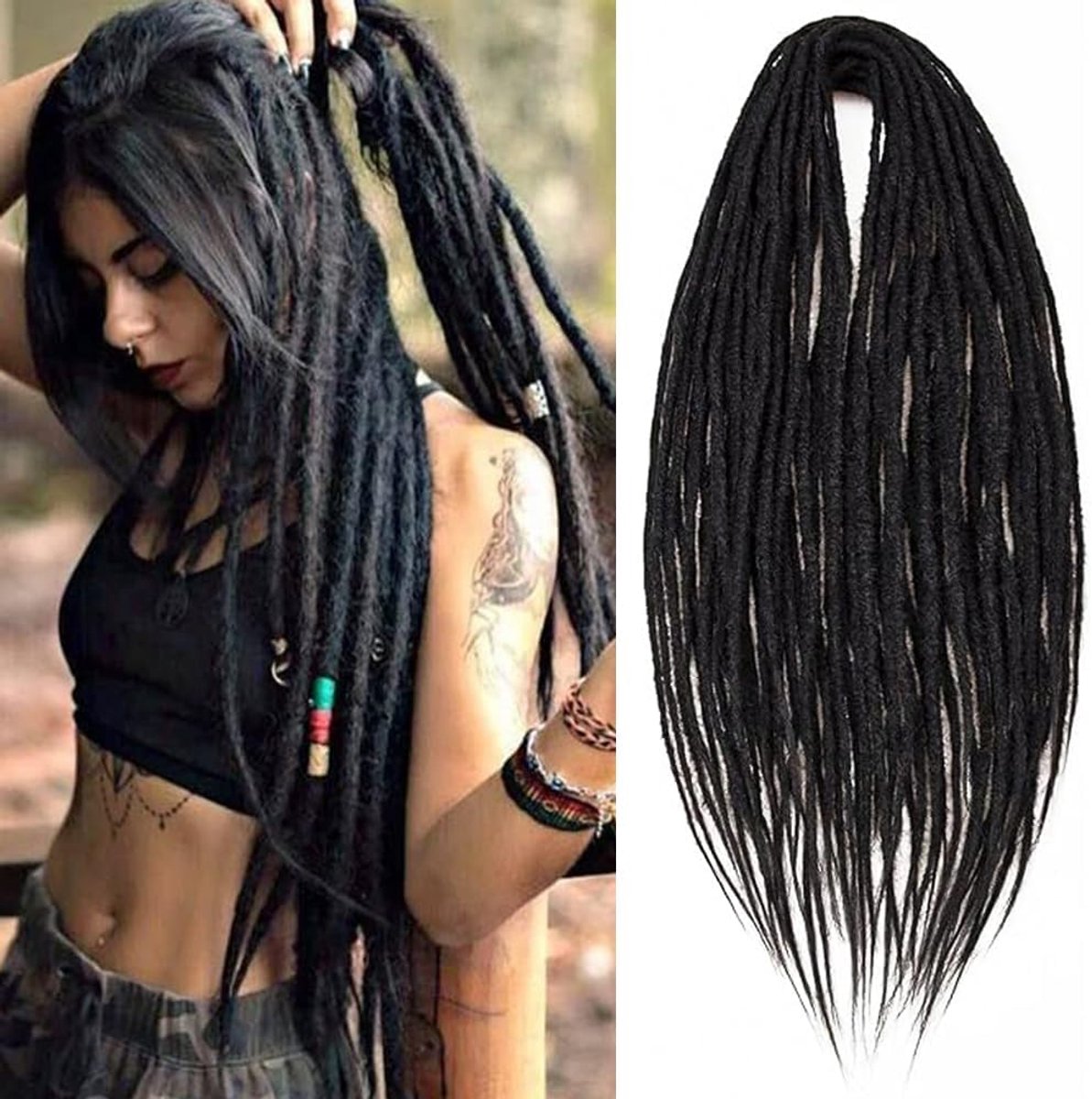10 strengen/pak donkerzwarte synthetische dreadlocks-extensies, handgemaakte hippie dreadlock 0,6 breedte zachte dreads haar reggae stijl locs crochet vlechthaar voor vrouwen of heren, 45,7
