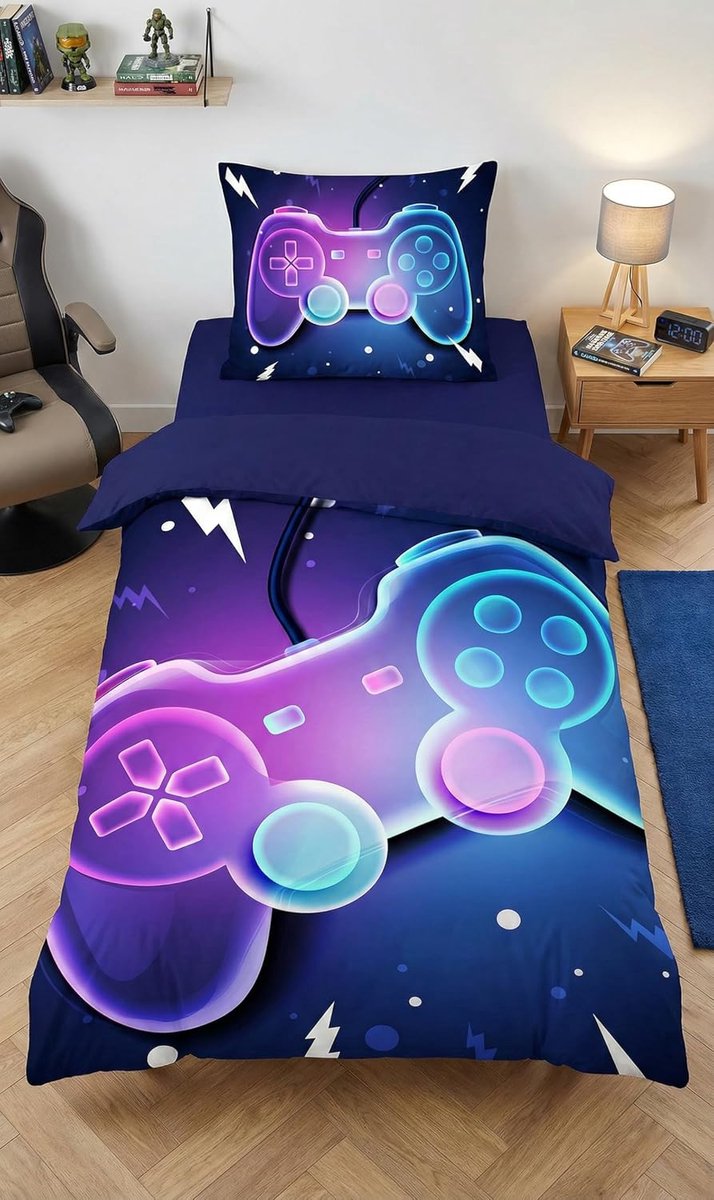 Beddengoed voor gamer, 100% katoen, dekbedovertrek 135 x 200 cm + kussensloop 80 x 80 cm