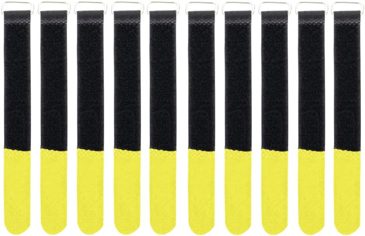 INPKB1616GEL - 10 x klittenband kabelbinders met metalen oog klittenband/fleece op verschillende zijden (16 x 160 mm geel)