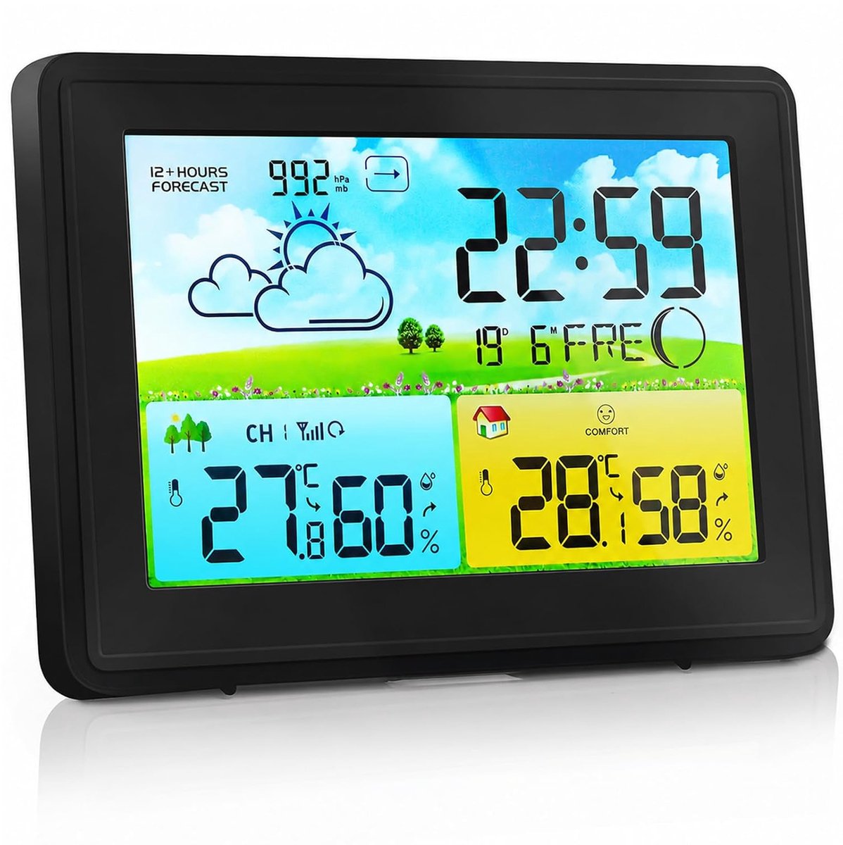 weerstation met buitensensor, binnen- en buitentemperatuur/luchtvochtigheid, draadloos weerstation met weersvoorspelling, barometer en maanfase, digitaal kleurendisplay DCF-radioklok, om
