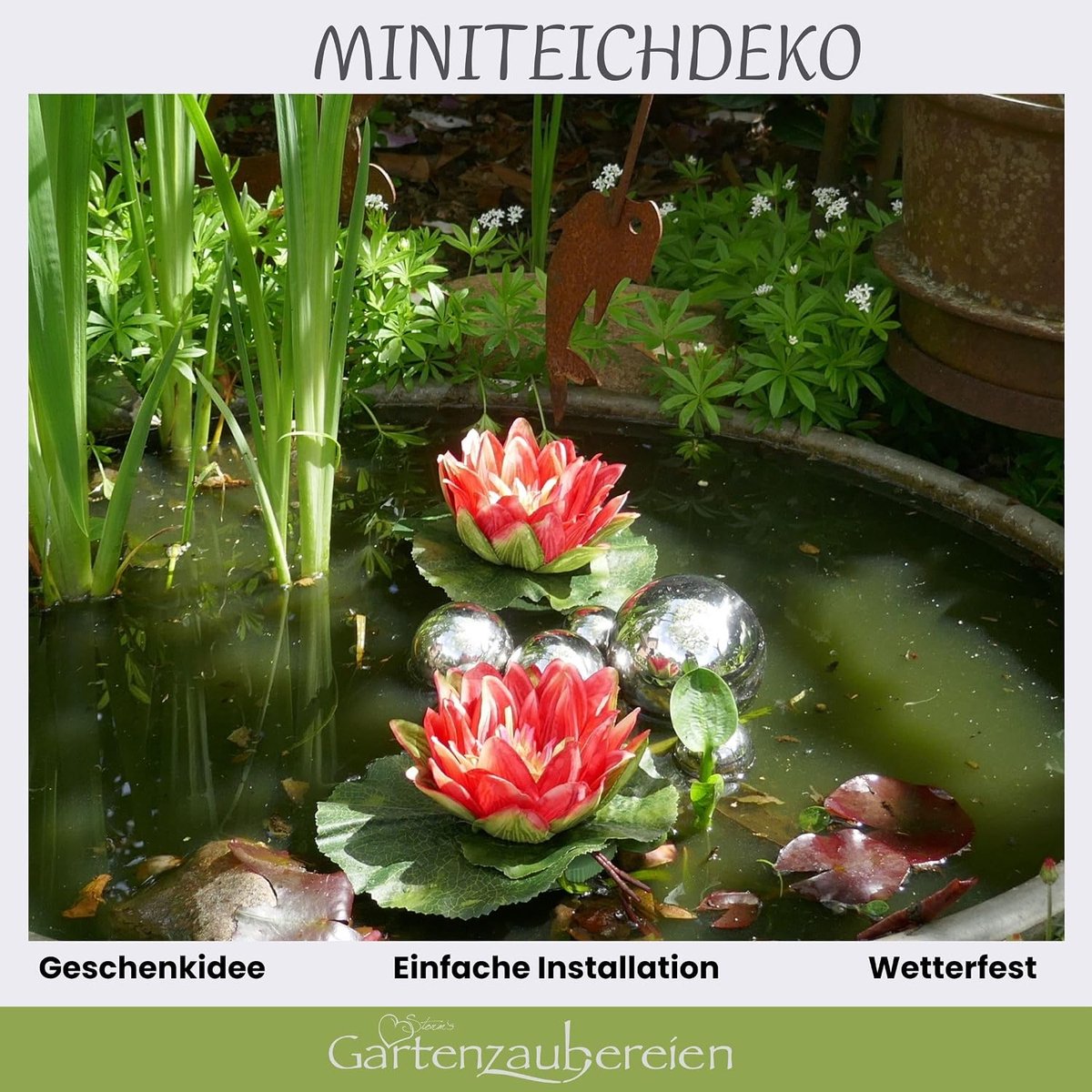 Vijver complete set met 2 rode kunstwaterlelies - vijverballen in zilver als decoratie