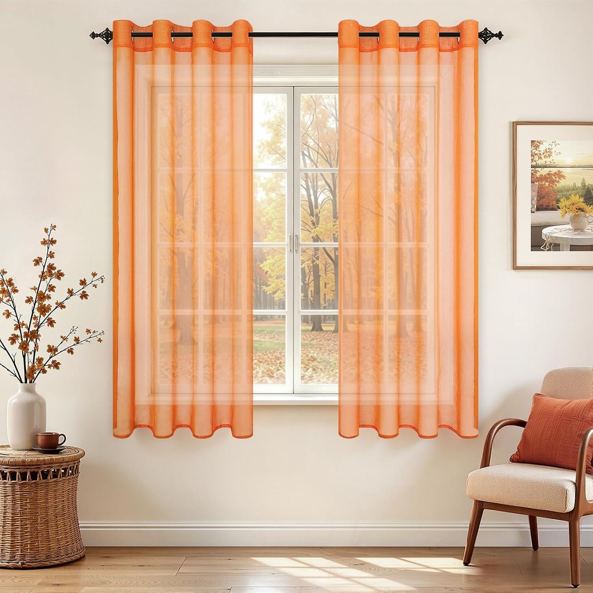 Voilegordijnen, semi-transparant, kort, met zeilringen, linnenlook, voor woonkamer, slaapkamer, kinderkamer, oranje, 160 x 140 cm (l x b), set van 2