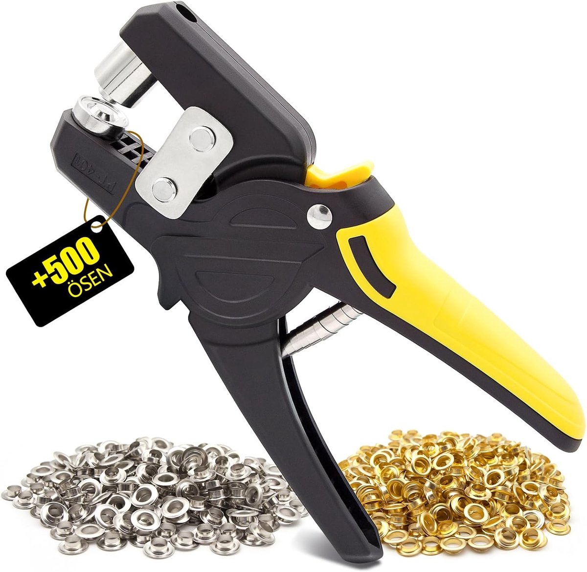 set met 500 ogen (Ø 10 mm), magnetische oogpers van gehard staal, oogtang voor dekzeilen, stoffen zonnezeilen en doe-het-zelf (geel)