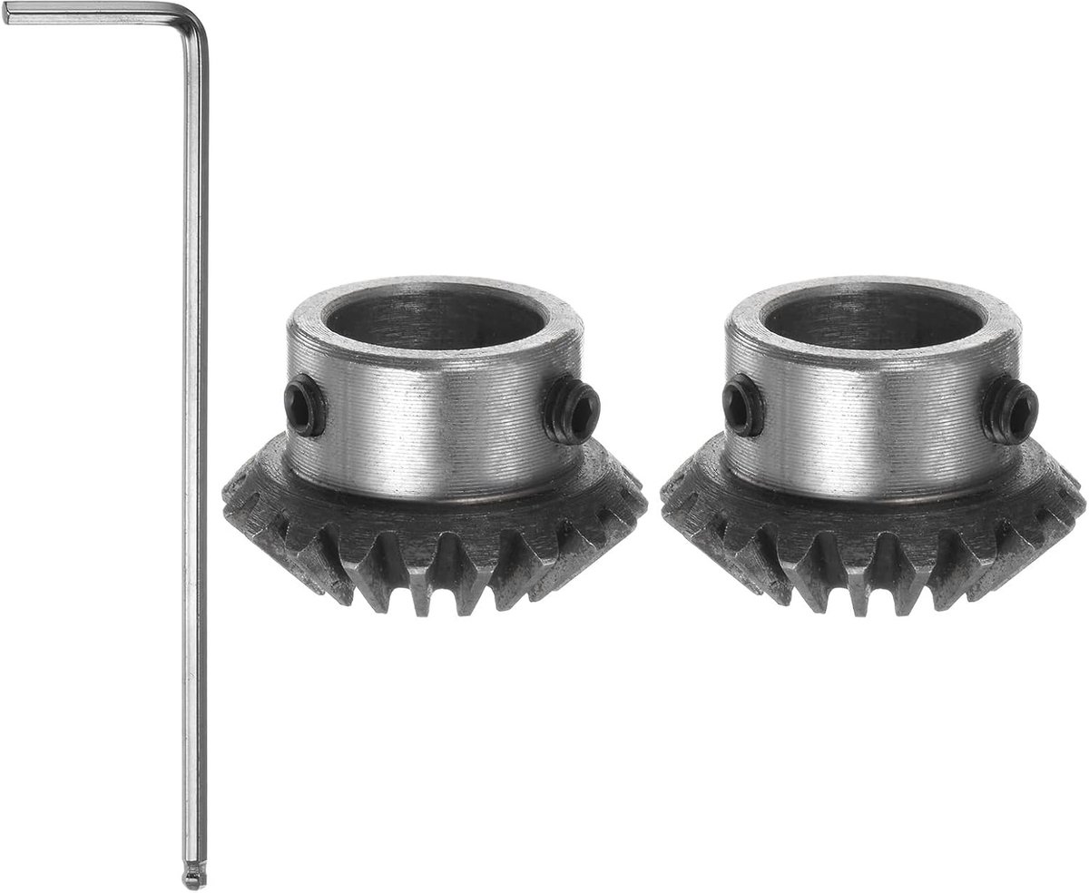 sourcing map 2 stuks kegelwiel 1,5 modul 20 tanden 16 mm asgat 1:1 kegelvormig kegeltandwiel 45# staal 1.5 modul 90° tandwiel met M5 bevestigingsgat voor hardware mechanische rotatie