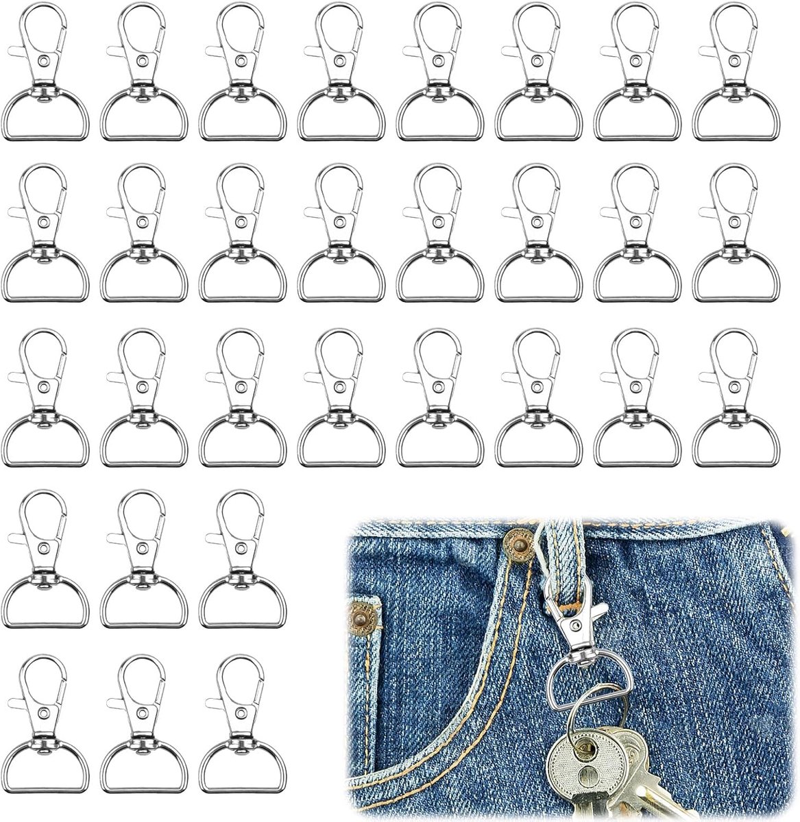 30 stuks sleutelhangers, karabijnhaken met D-ring, voor handwerk en doe-het-zelfprojecten (2 cm binnenbreedte)