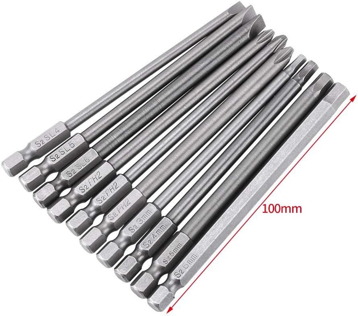 10st 1/4 inch zeskantschacht lange magnetische bits, schroevendraaierset 100 mm elektrisch gereedschap (sleuf + kruis + zeskantkop)