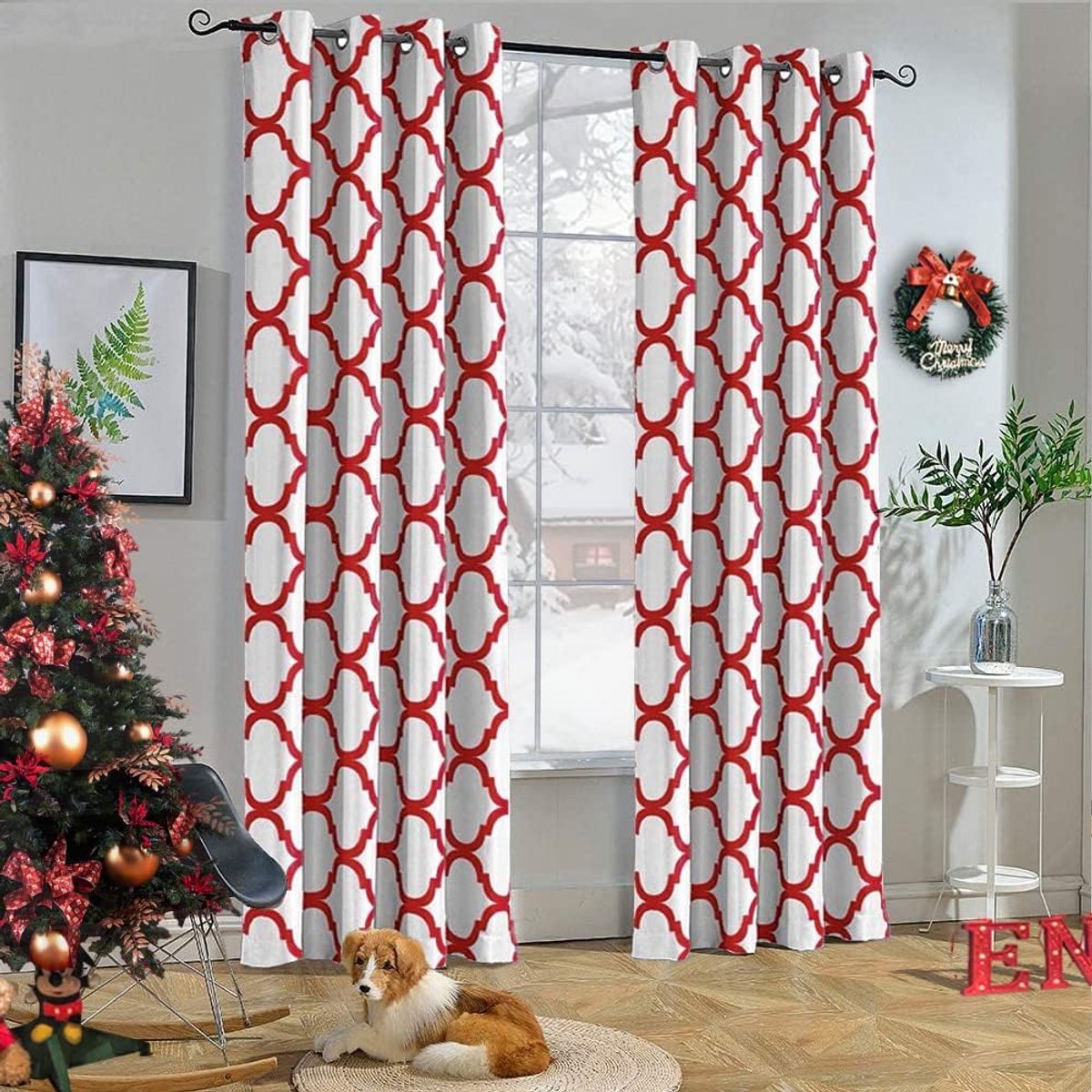 Moroccan Fashion Thermal Insulated Grommet Room Darkening Curtains for Living Room, 52 by 84 Inch, Off White/Red (1 Panel)