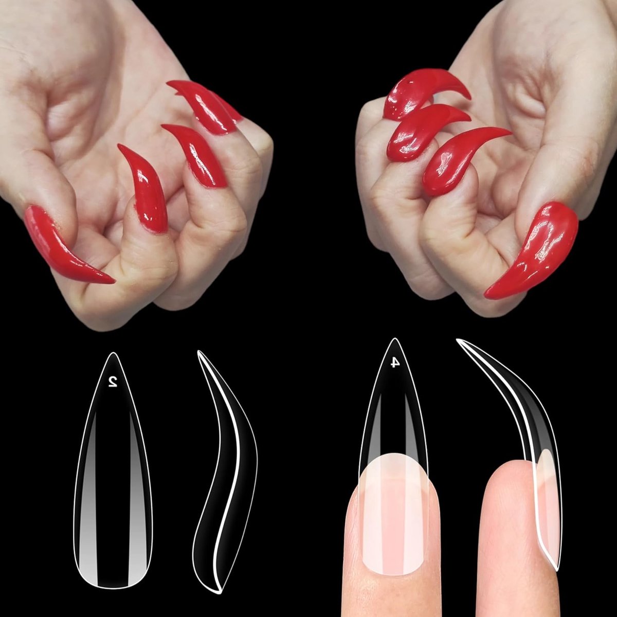 OVO Halloween Nail Tips Gebogen Stiletto, Clear Gel Extension Kit Volledige Cover om Press on 3D Eagle Claw nagels, Dikke Extra Hawk Deep Curve Amandel Franse Tips Zachte Valse Nep 12 Size 120st