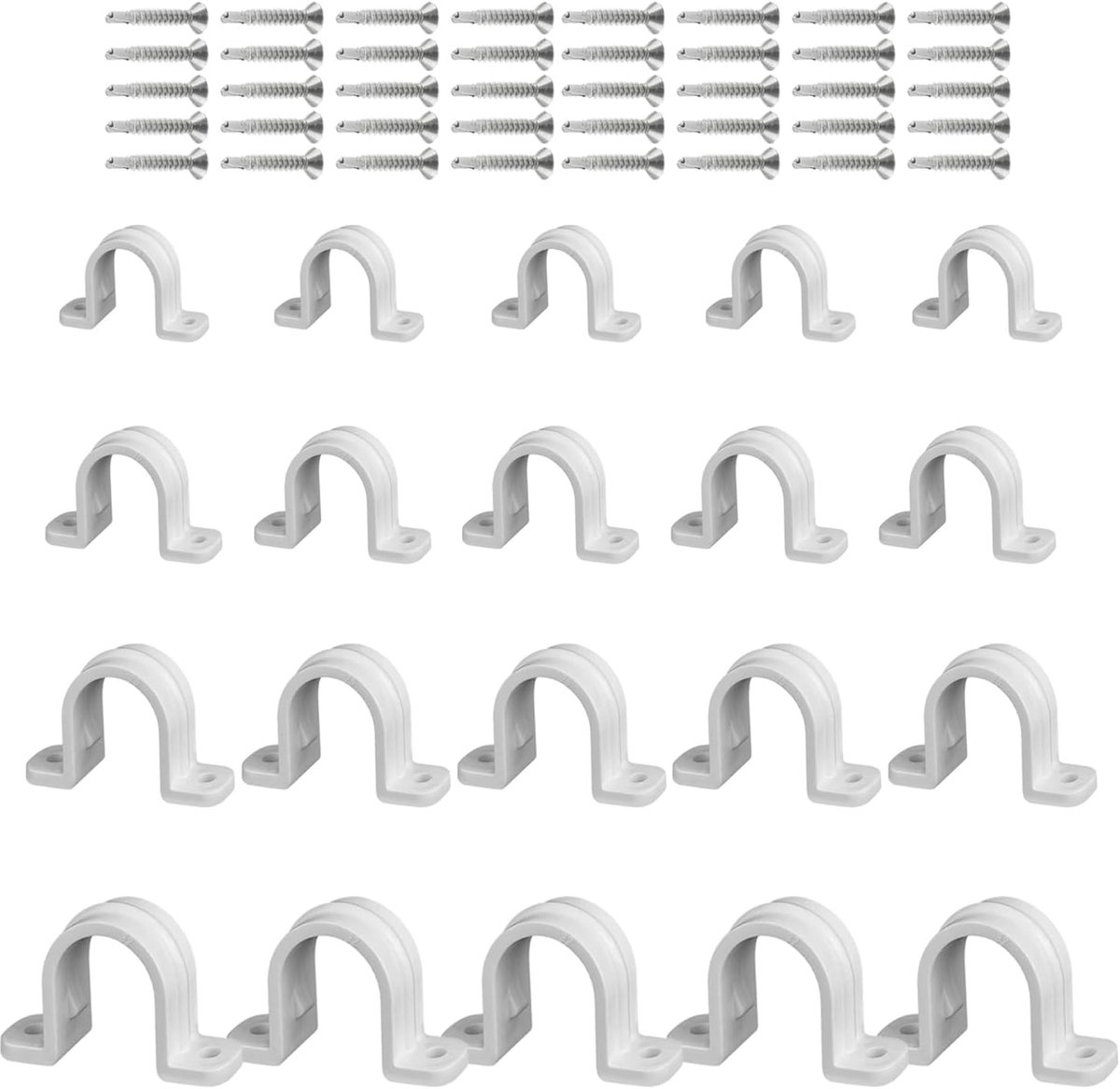 20 stuks buisklemmen, CNYMANY 2 gaten PVC buisriemclips SCH 3/8 1/2 3/4 1 inch met 40 stuks M4.2 schroeven, kunststof witte buismontage U-beugels met schroefgaten voor het bevestigen van