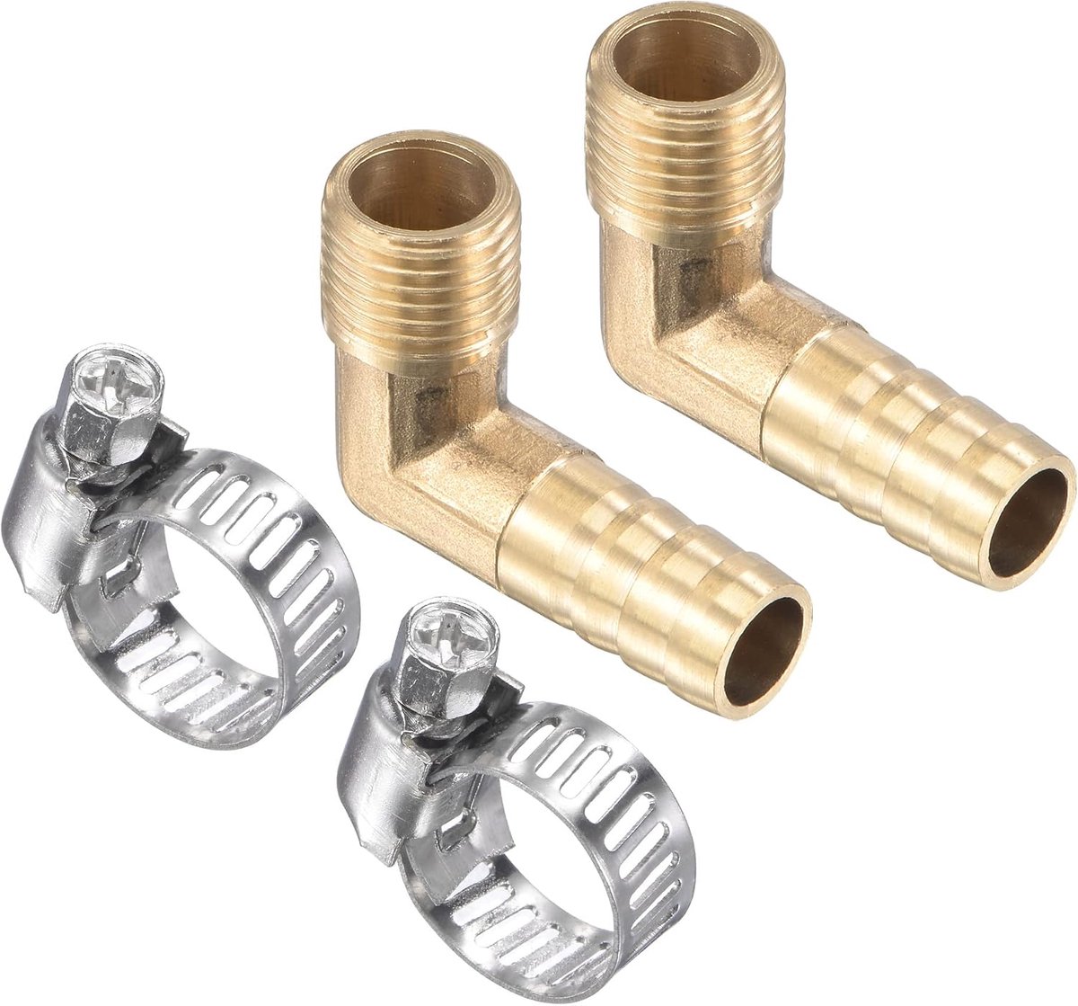 METERXITY Messing slangfittingen - 90 graden hoek 10 mm messing buisaansluiting met slangklemmen gebruik water (G1/4 buitendraad) | 10 mm, met slangklemmen, gebruik water, G1/4 buitendraad, messing