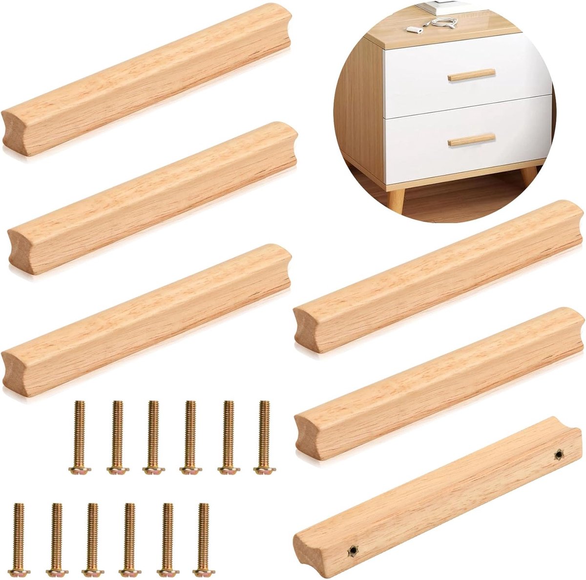6 Stuks Houten Meubelgrepen, Houten Kastgrepen met Schroeven, Gatafstand 128 mm, Massief Houten Meubelgrepen, Universele Houten Handgreep, Keukengrepen, Deurgreep, Ladegreep voor Kasten, Kantoren