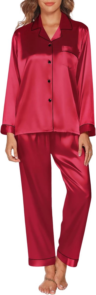 Damespyjama, 2-delige satijnen pyjama met lange mouwen, zijden slaapkleding, set voor woonkamer, thuis, loungewear voor alle seizoenen
