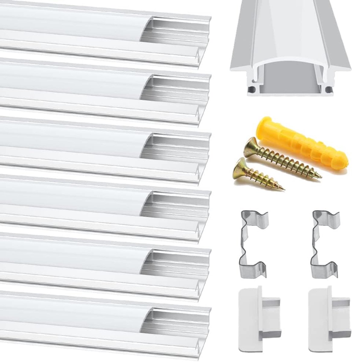 LED Aluminium Profiel, 6 Stuks 1 m / 3,3 ft LED Aluminium Kanaal voor LED-Stripverlichting met Melkwitte Afdekking, Eindkappen, Metalen Bevestigingsclips en Schroeven