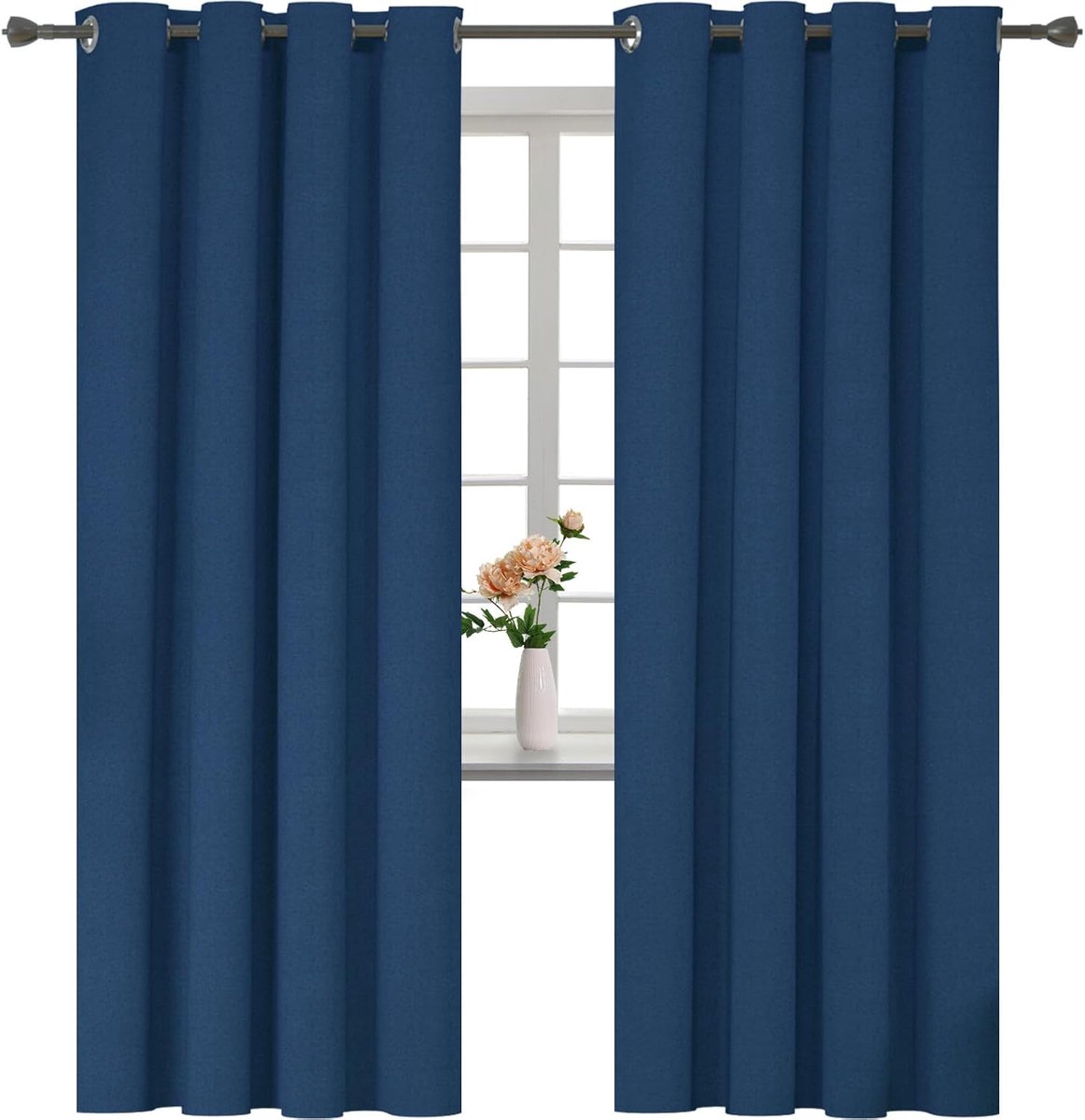 100% Verduisterend Linnen Effect Gordijnen Set Van 2, 140x225cm, Thermisch Isolerend Koud En Warm Gordijn Met Ringen, Thermogordijnen Voor Slaapkamer Woonkamer, Blauw