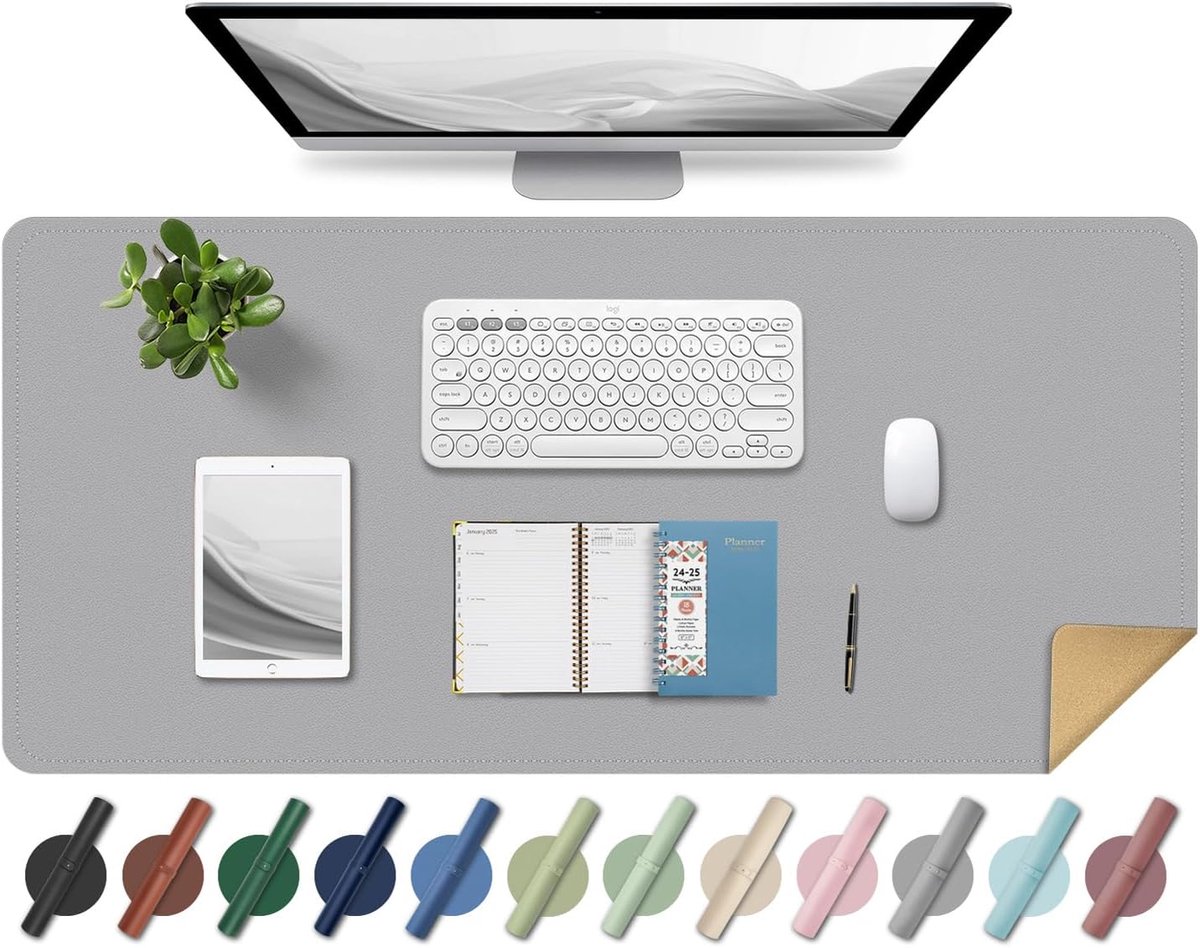 Grote bureauonderlegger, 90 x 43 cm, antislip, PU-leer en kurk, waterdicht, lichtgrijs