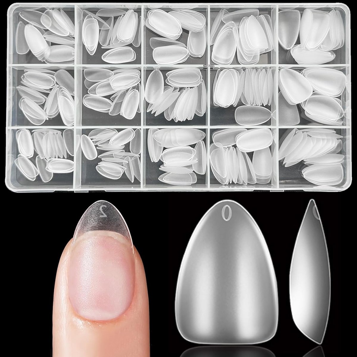 Nageltips Almond XS, 15 Maten Nail Tips Extra Short Mat, Nagel Tips Full Cover, PMMA-hars, Voor Lijm-Op Nail Art Voor Nagelstudio'S Starter DIY, Kunstnagels Acryl Almond - 300 Stuks