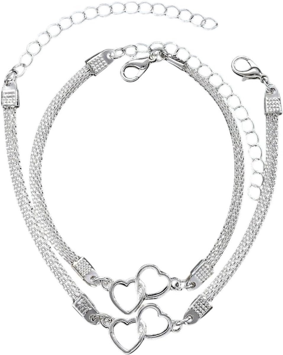 meberg Enkelkettinkje en armband, sieradenset met hartvormige hanger, goud en zilver, set van 2, damesarmband en enkelband, armsieraad, voetsieraad, vakantie, strand, avondmode, accessoires