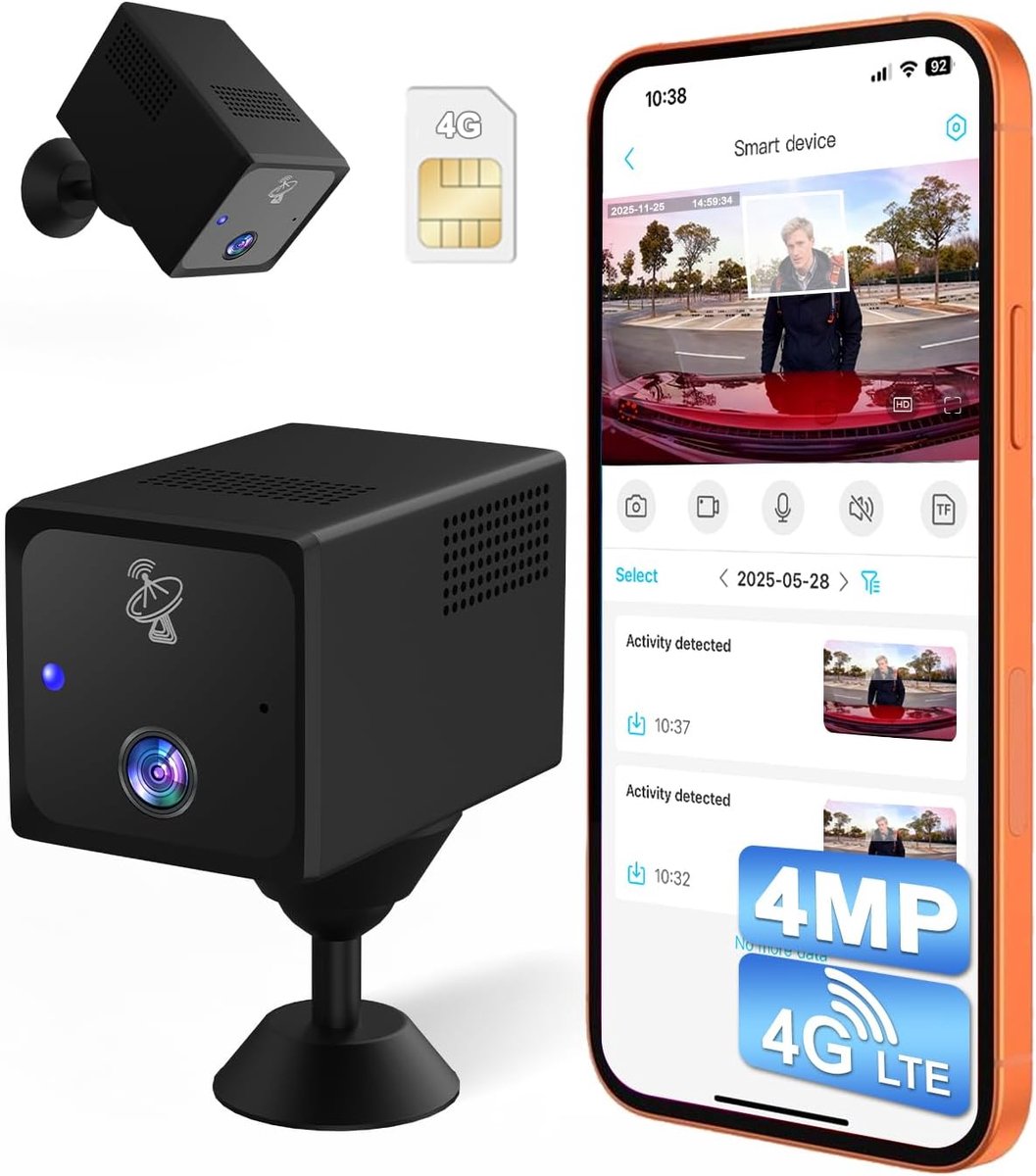 Bewakingscamera met Simkaart, UCOCARE 4MP 4G LTE Bewakingscamera zonder WiFi met 5200mAh-Batterij, Mini 4G Draadloze Autocamera, 160° Kijkhoek, Nachtzicht, AI-Radarbewegingsdetectie, App-Toegang