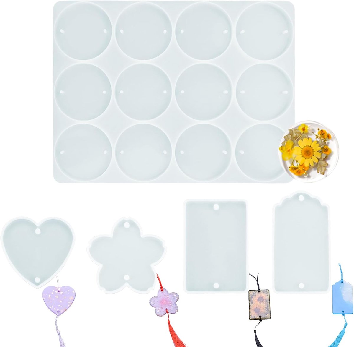 Set van 5 epoxyhars mallen met 2 gaten, cirkel met 12 holtes, rechthoek kersenbloesem wolk rechthoekige siliconen mal voor sleutelhanger kerstornament hanger windgong