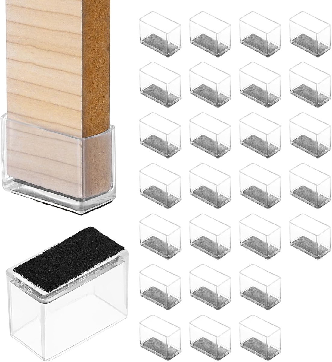 28 stuks rechthoekige stoelpootbeschermers, 3 x 1,5 cm PVC & vilt meubels stoel been cover caps voor hardhouten vloeren elastische krassen verminderen lawaai covers meubelpads, helder zwart