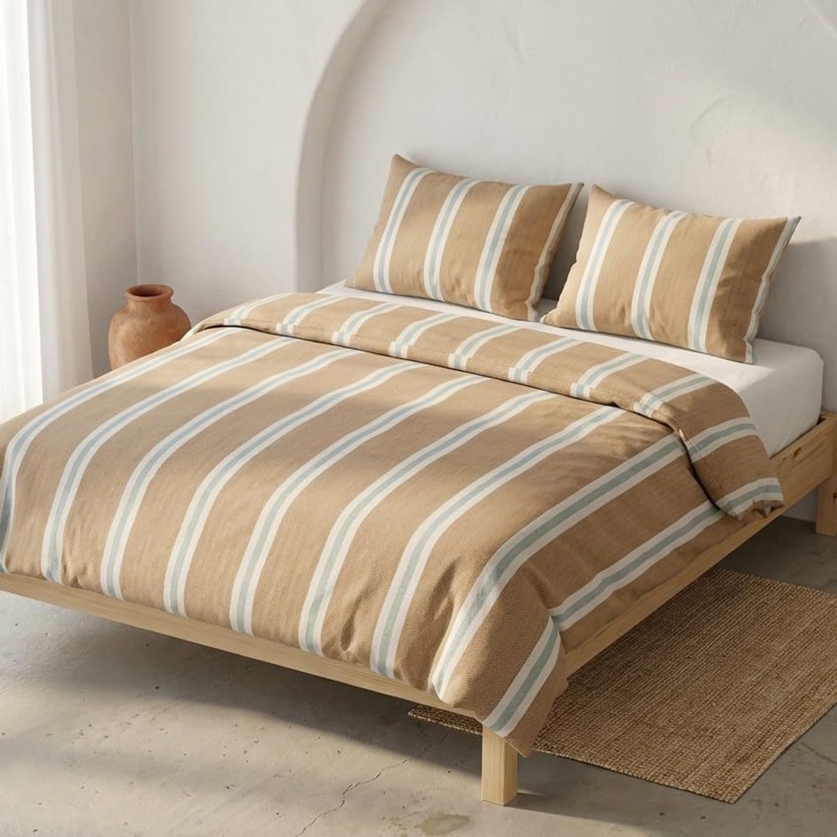 Beddengoedset, voor bedden met 150/160 cm, 100% katoen, 2 kussenslopen, 50 x 85 cm, bedrukte lijnen, taupe
