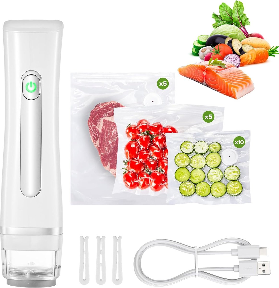 Vacuüm Sealer Machine, Vacuümmachine voor Levensmiddelen met 20 Herbruikbare Vacuümzakken, Handheld Vacuüm Verpakkingsmachine voor Vacuümkoken en Voedselbehoud