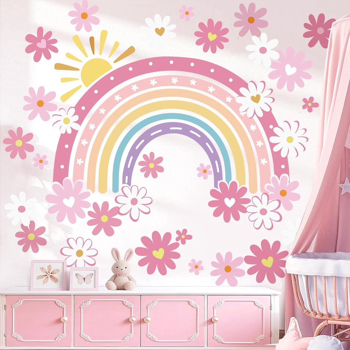 decalmile Muursticker regenboog bloemen boho muursticker madeliefjes roze