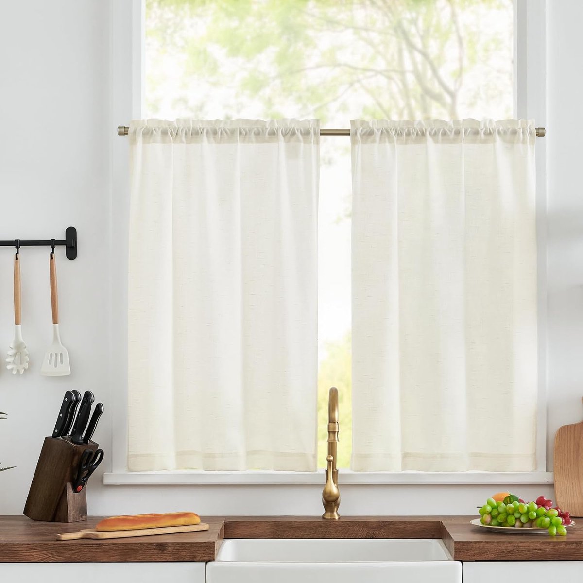 Vitrage, modern, woonkamer, keuken, wit, bistrogordijn, set van 2, vitrage, keuken, linnenlook, kort, H 115 x B 90 cm, keukengordijnen, landhuisstijl, gordijn, keukenraam