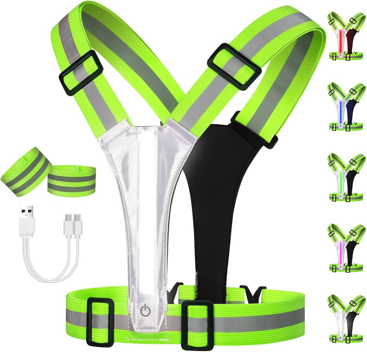veiligheidsvest, 5 kleuren, hardloopvest, reflecterend vest, verstelbaar fietsreflectorvest met 2 reflecterende strips, oplaadbaar hardlooplampje, groen